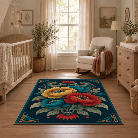 deep teal red cream poppy bouquet vintage floral area rug, featured room view