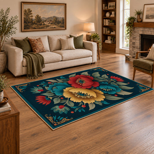 deep teal red cream poppy bouquet vintage floral area rug, angled room view