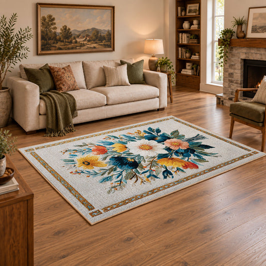 cream white daisy floral bouquet botanical area rug, angled room view