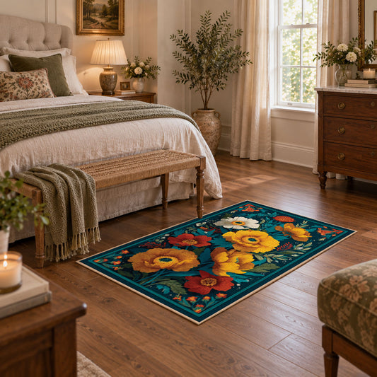 teal orange blue folk floral traditional area rug, featured room view