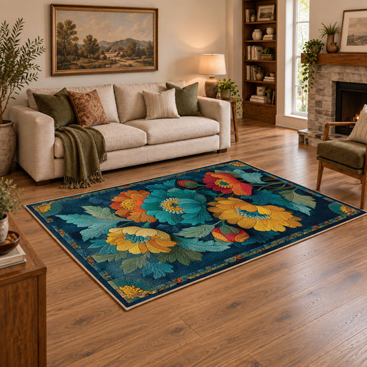 dark teal golden poppy garden vintage floral area rug, angled room view