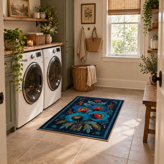 navy blue red folk floral traditional area rug, featured room view