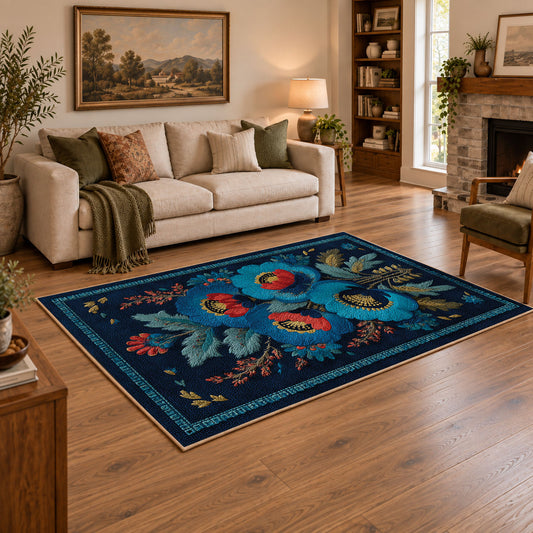 navy blue red folk floral traditional area rug, angled room view