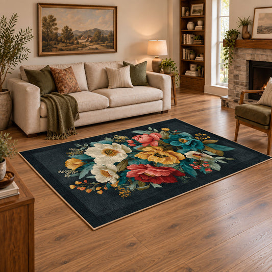 dark teal cream coral rose bouquet floral area rug, featured room view