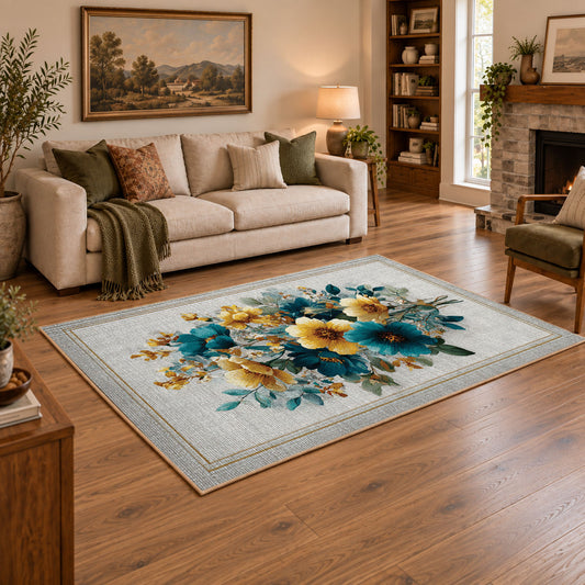 white blue yellow watercolor floral bouquet area rug, angled room view