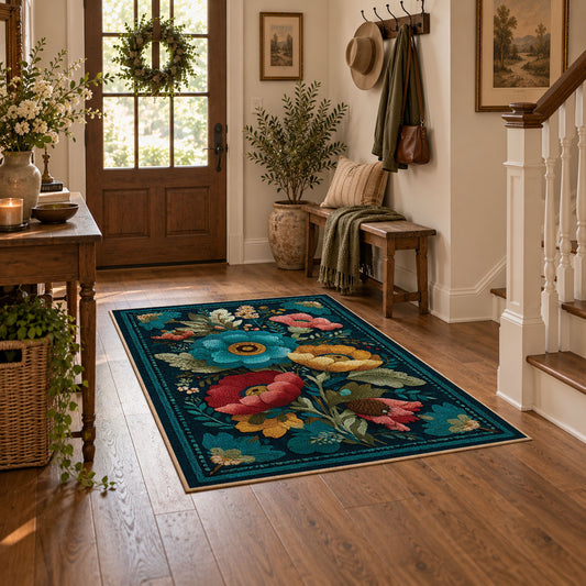dark teal pink folk floral traditional area rug, featured room view
