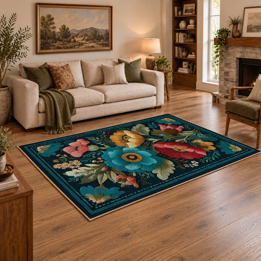 dark teal pink folk floral traditional area rug, angled room view