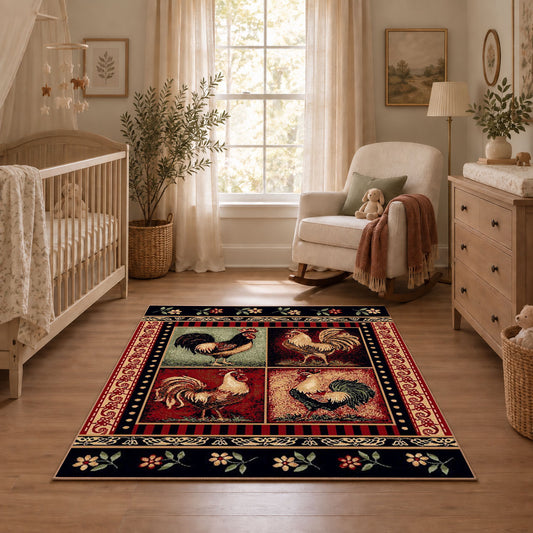 black red vintage portrait collage traditional area rug, angled room view