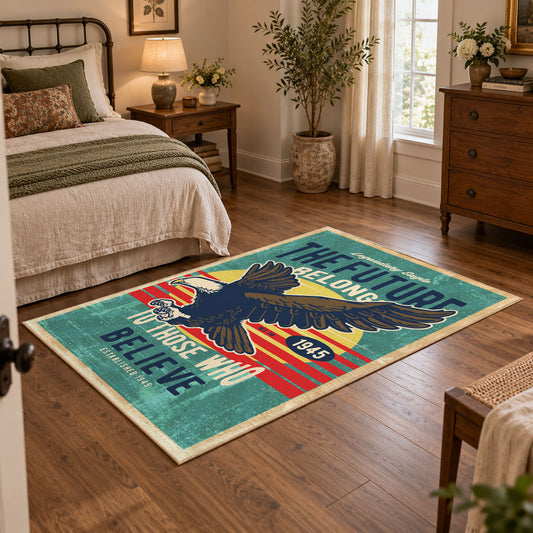 teal red patriotic eagle motorcycle vintage area rug, featured room view