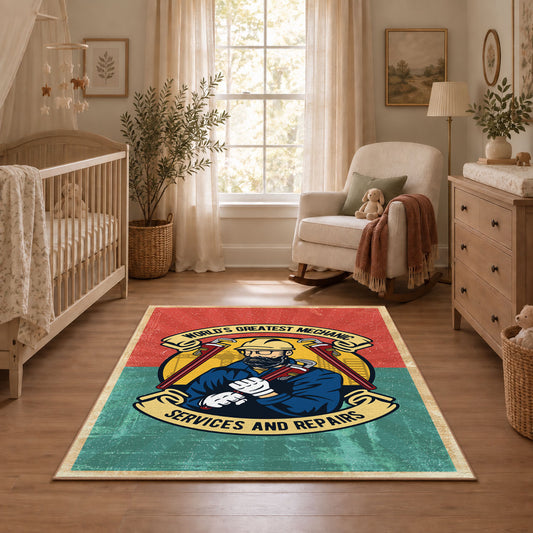 Vintage biker badge area rug in coral and teal with a motorcycle-inspired design, featured room view