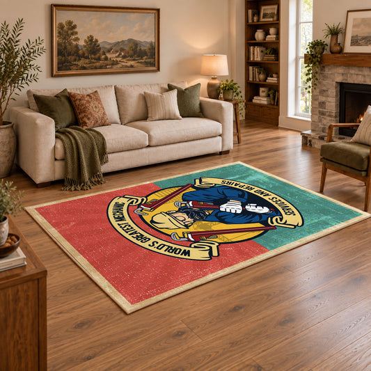 Vintage biker badge area rug in coral and teal with a motorcycle-inspired design, angled room view