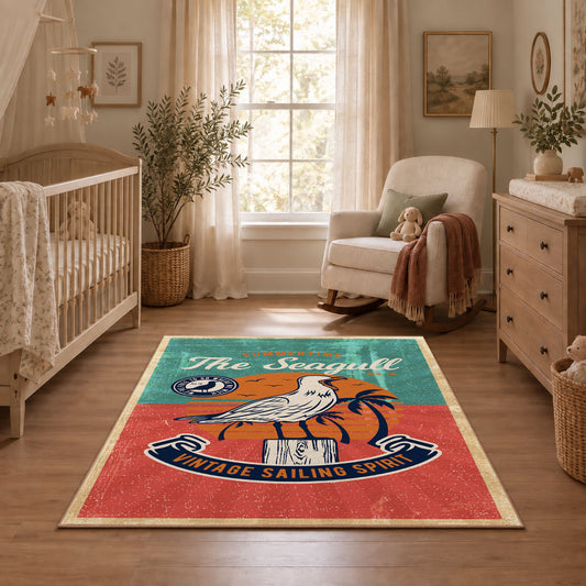 Classic motorcycle rider area rug in coral, teal, orange, and black, featured room view