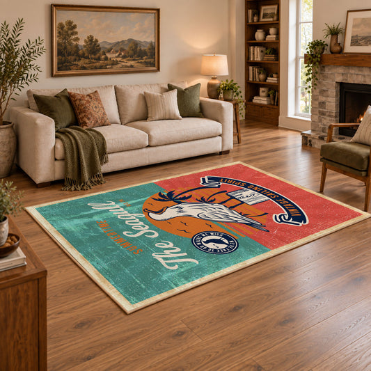 Classic motorcycle rider area rug in coral, teal, orange, and black, angled room view