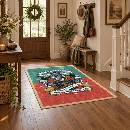 Vintage chef cooking area rug in coral, teal, yellow, and black, featured room view