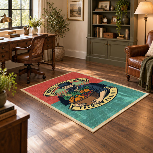 Vintage gardener harvest area rug in coral, teal, green, and orange, featured room view