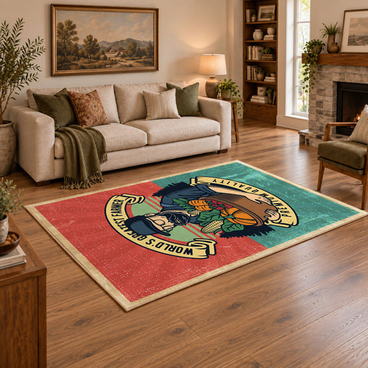 Vintage gardener harvest area rug in coral, teal, green, and orange, angled room view