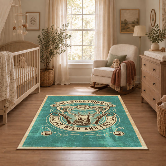 Hunting and fishing emblem area rug in teal, cream, brown, and black, featured room view