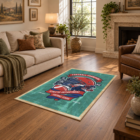 American football helmet area rug in teal, red, navy, and white, featured room view