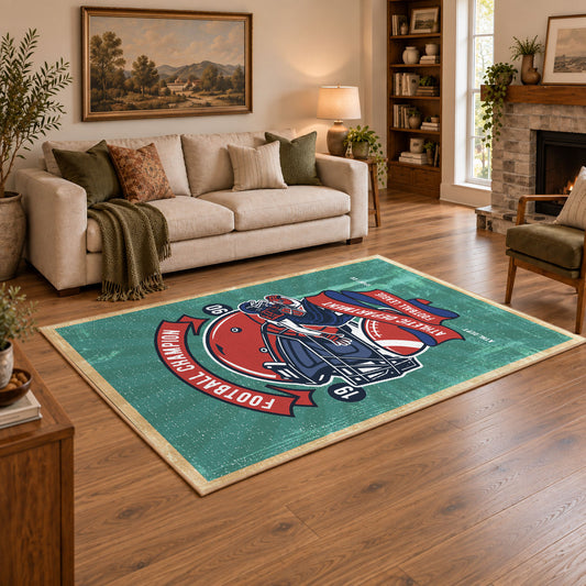 American football helmet area rug in teal, red, navy, and white, angled room view