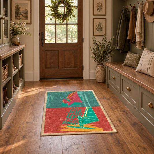 Retro mushroom graphic area rug in coral, teal, yellow, and pink, featured room view
