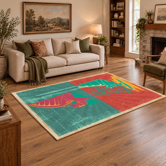 Retro mushroom graphic area rug in coral, teal, yellow, and pink, angled room view
