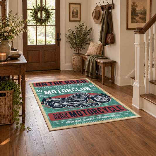 Vintage motorcycle graphic area rug in teal, red, cream, and black, featured room view