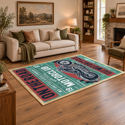 Vintage motorcycle graphic area rug in teal, red, cream, and black, angled room view