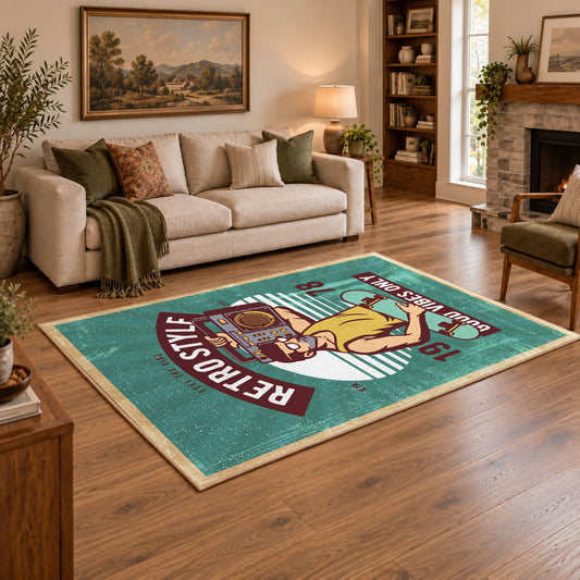 Retro electronics repair area rug in teal, cream, yellow, and burgundy, angled room view