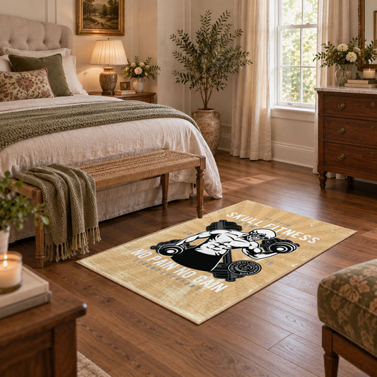 Vintage bodybuilding area rug in beige, black, white, and gold, featured room view