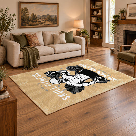 Vintage bodybuilding area rug in beige, black, white, and gold, angled room view