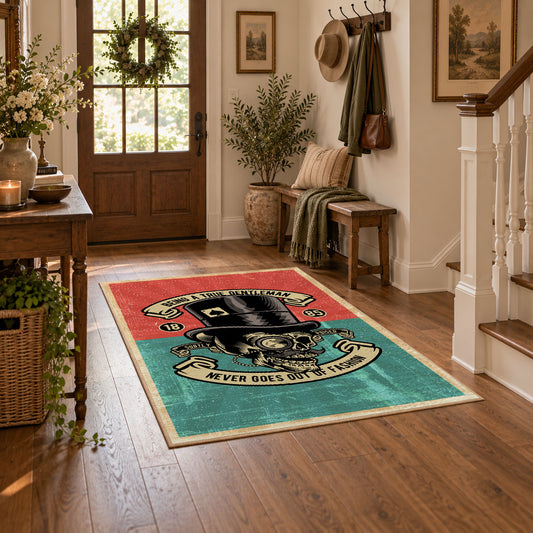 Vintage photographer area rug in coral, teal, black, and cream, featured room view