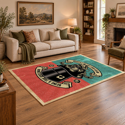 Vintage photographer area rug in coral, teal, black, and cream, angled room view