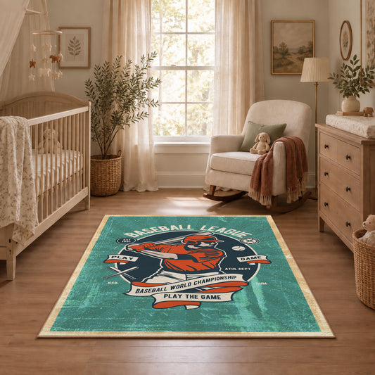 Baseball player area rug in teal, orange, cream, and navy, featured room view