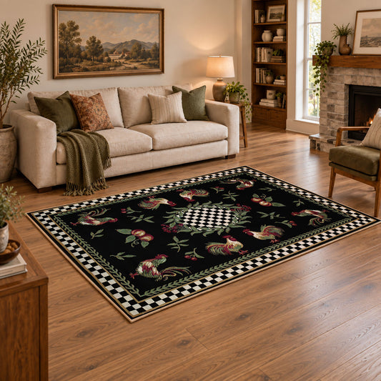 Vintage rooster floral area rug with a black and white checkerboard border, angled room view