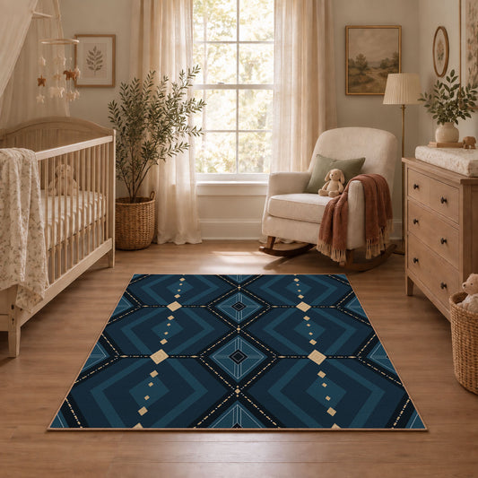 Navy geometric diamond area rug in deep blue, black, and beige, featured room view