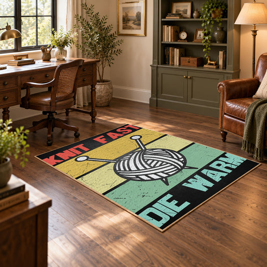 Retro knitting yarn area rug in yellow, mint, coral, black, and cream, featured room view