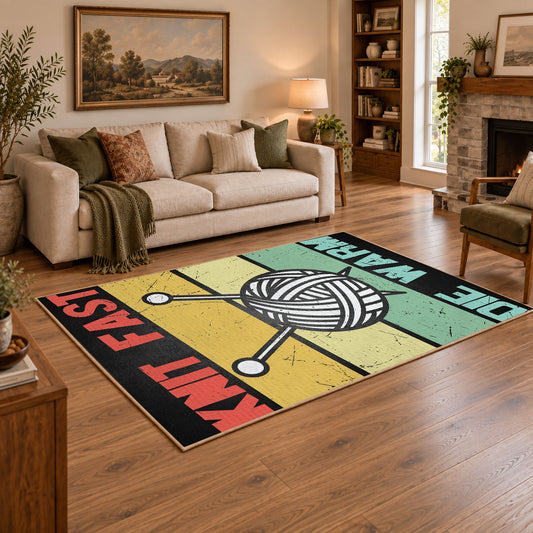 Retro knitting yarn area rug in yellow, mint, coral, black, and cream, angled room view