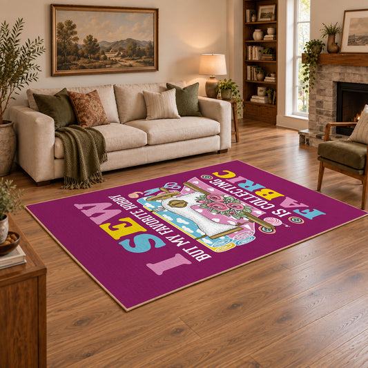 Colorful sewing machine area rug in magenta, yellow, teal, and pink, angled room view