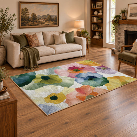 Pastel watercolor floral area rug in pink, yellow, green, blue, and lavender, angled room view