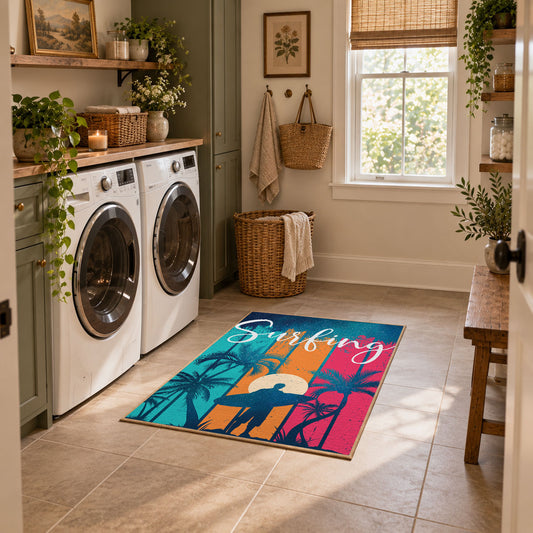 Sunset palm tree area rug in pink, teal, orange, navy, and cream, featured room view