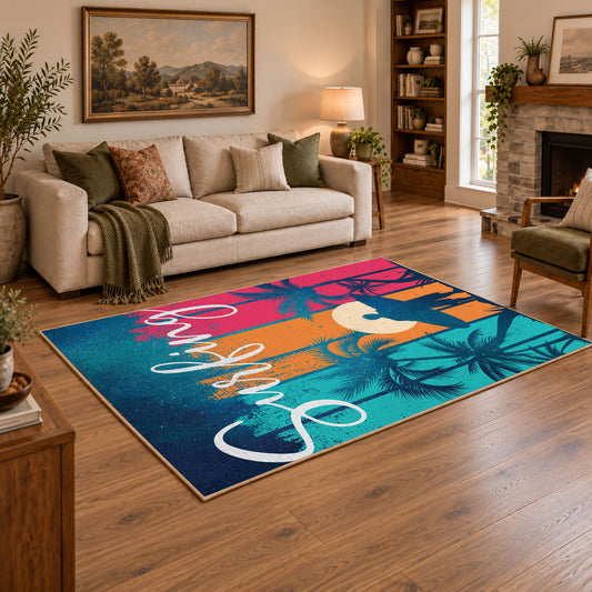 Sunset palm tree area rug in pink, teal, orange, navy, and cream, angled room view