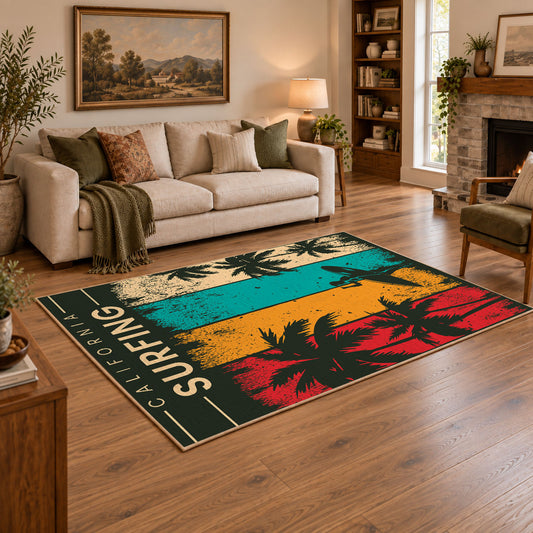 California surfing area rug in teal, red, yellow, cream, and dark green, angled room view