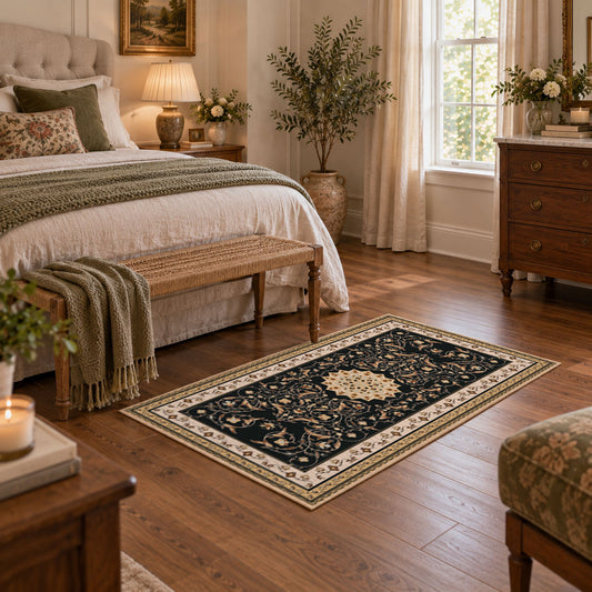 Ornate black and cream traditional medallion area rug, view 1