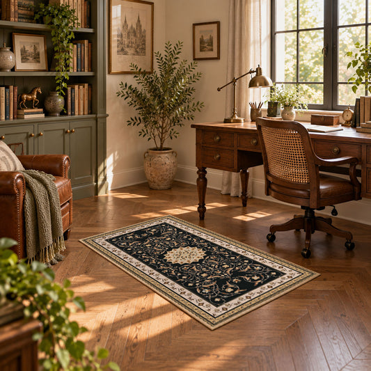 Ornate black and cream traditional medallion area rug, view 2