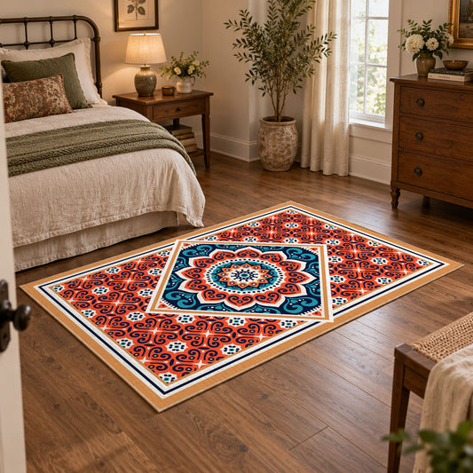 Vibrant Red Blue Mandala Area Rug, styled product view 1