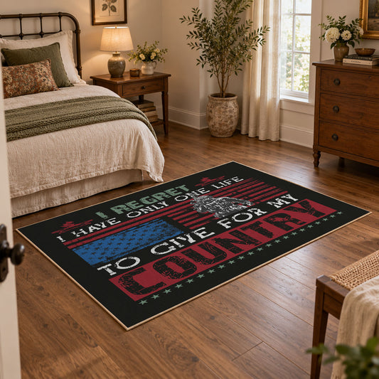 Brother veteran tribute area rug in black, red, cream, and teal, featured room view