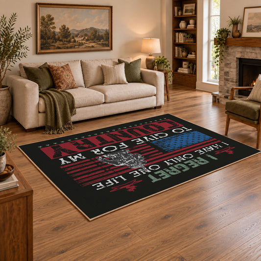 Brother veteran tribute area rug in black, red, cream, and teal, angled room view