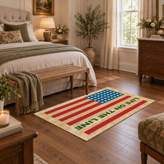 American flag tribute area rug in beige, red, blue, and cream, featured room view