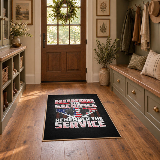 American veteran flag area rug in black, red, white, and blue, featured room view