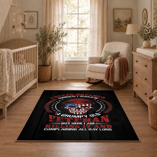 American patriot shield area rug in black, red, blue, and white, featured room view